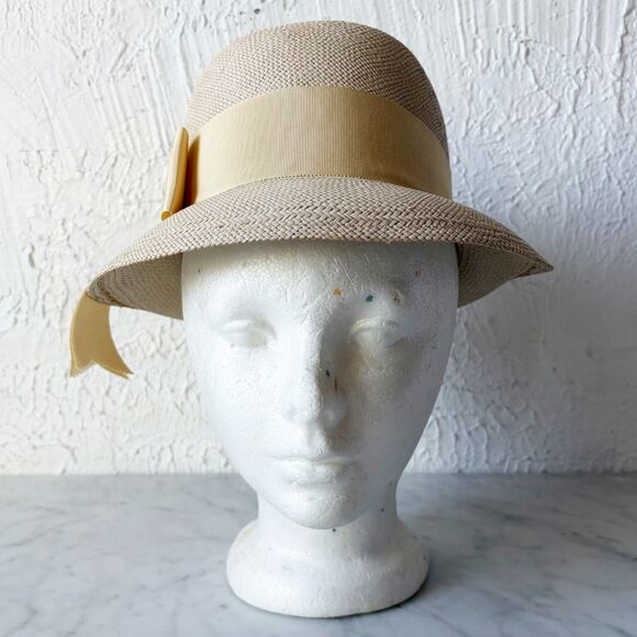 Genuine Panama Straw Hat Cloche Wide Brim Cream Grosgrain Ribbon Bow Vintage main image 7